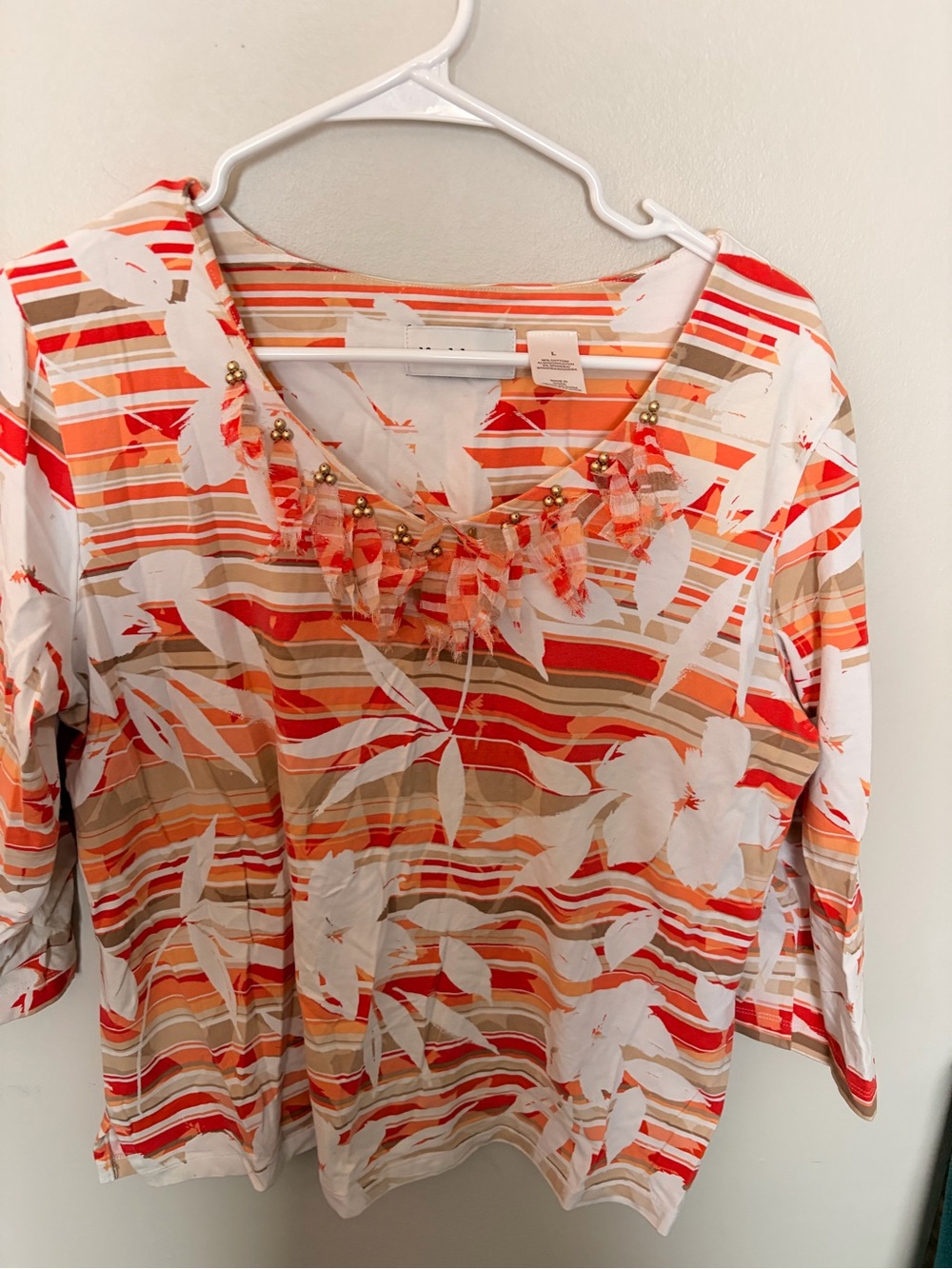 Women’s Floral Stripe Beaded Scoop Neck Top - Red & Orange